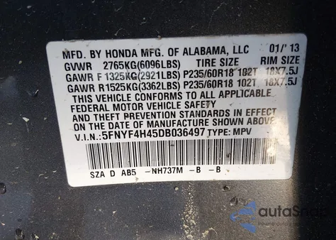 2013 Honda Pilot Ex from USA, damaged, VIN 5FNYF4H45DB036497